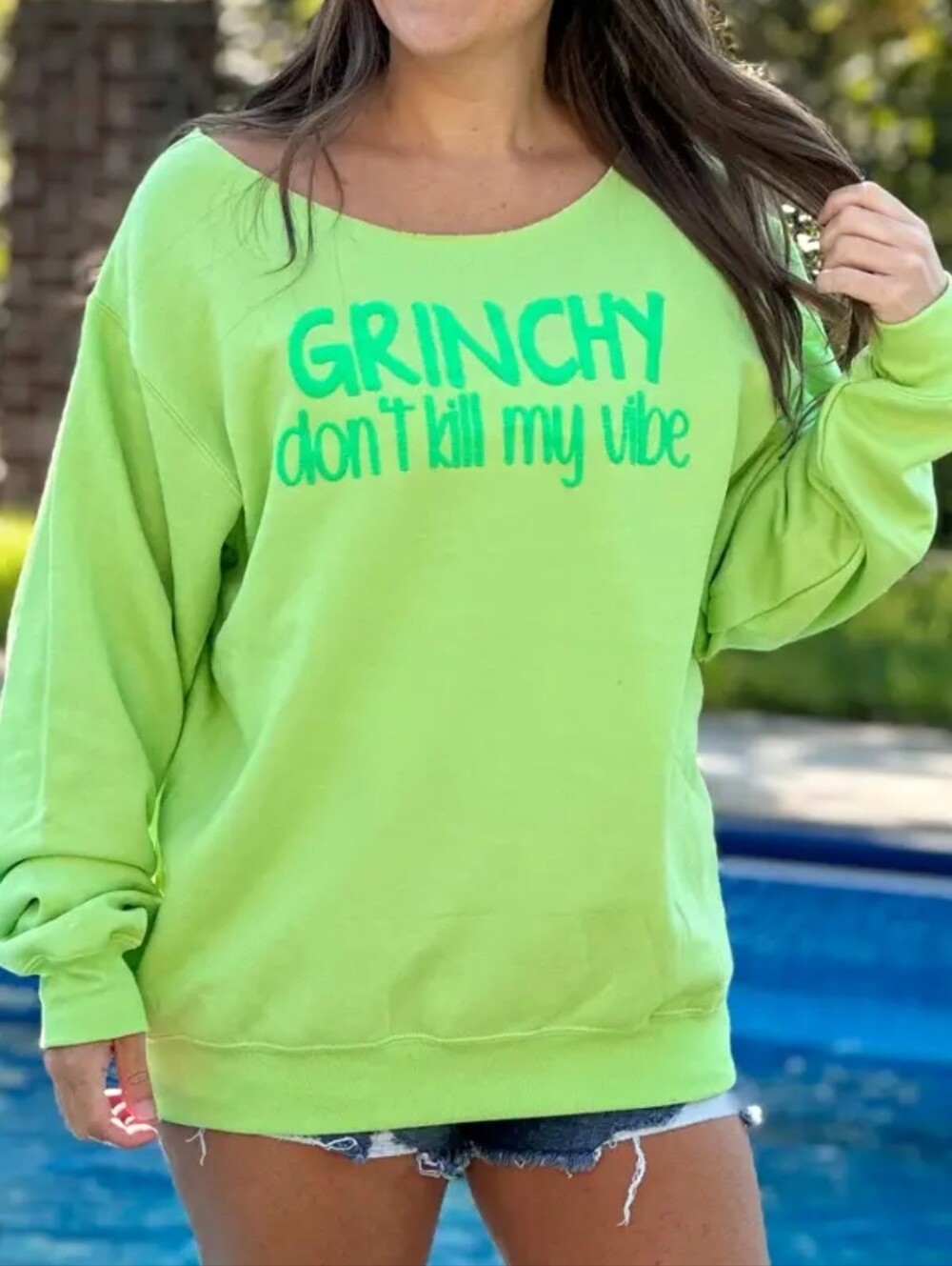 Christmas Grinchy "dont kill my vibe" Green Off the Shoulder Sweatshirt
